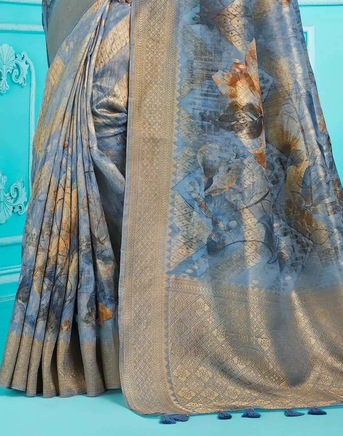 Image of Sky Blue Floral digital print with zari weaving Organza Saree