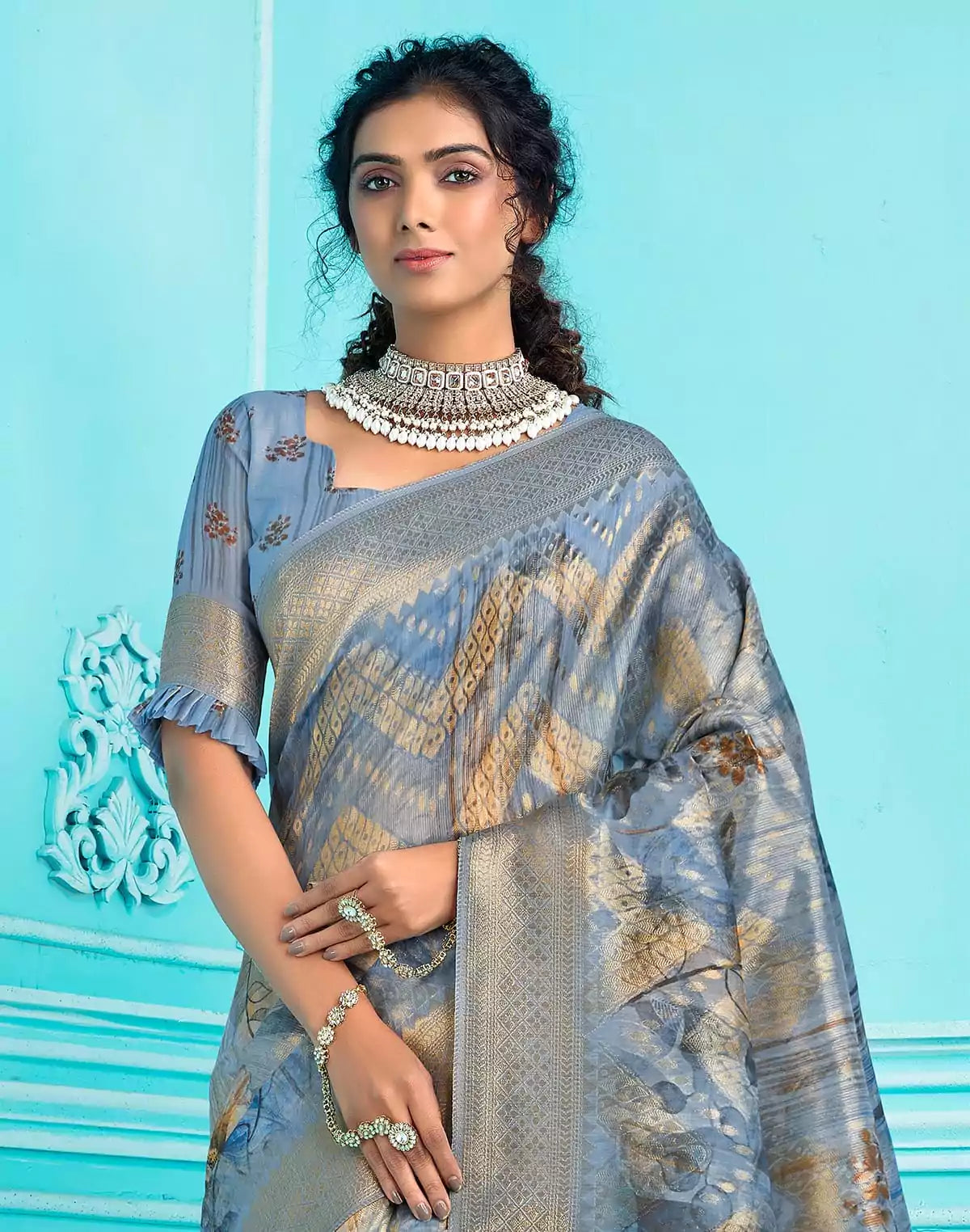 Image of Sky Blue Floral digital print with zari weaving Organza Saree