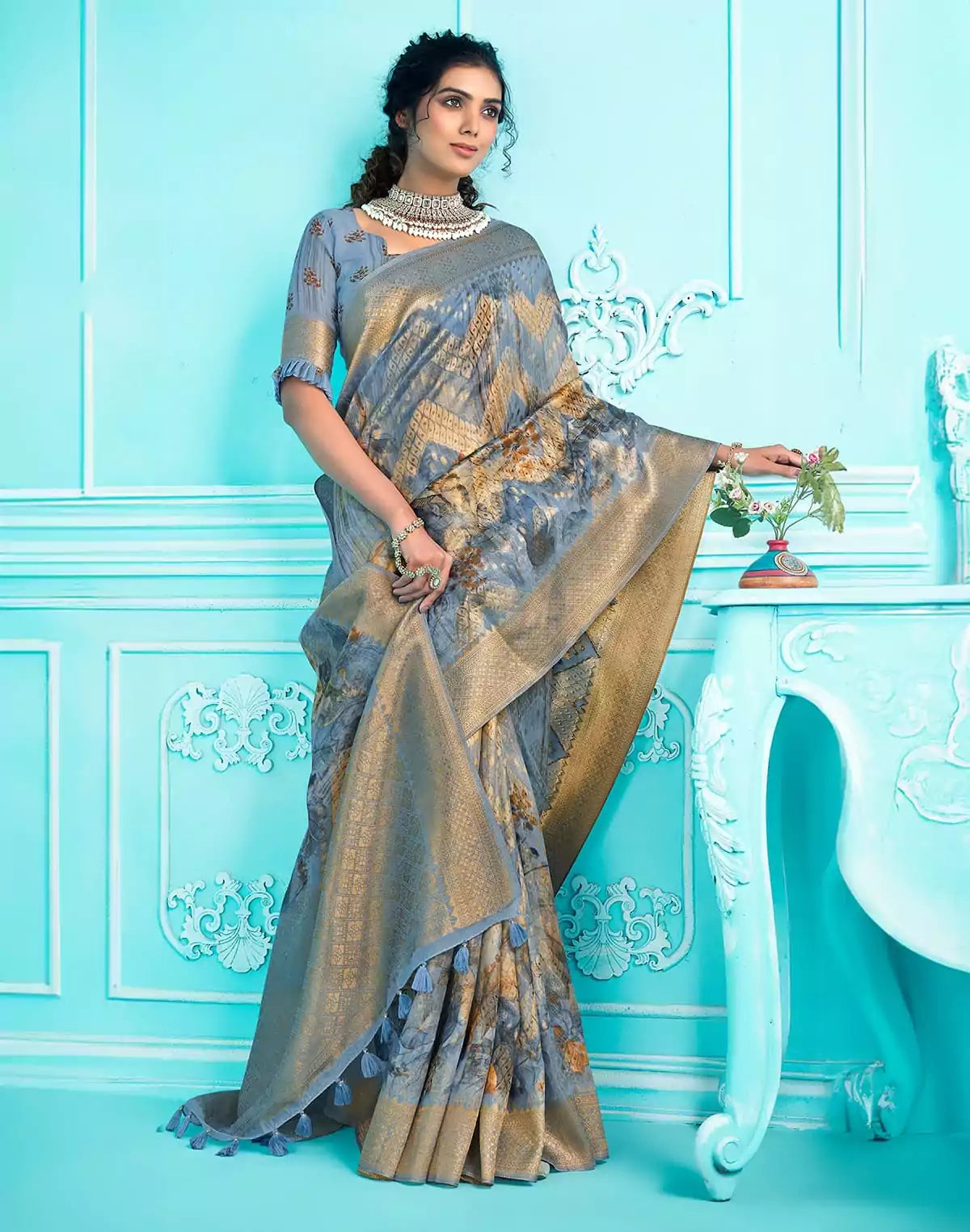 Image of Sky Blue Floral digital print with zari weaving Organza Saree