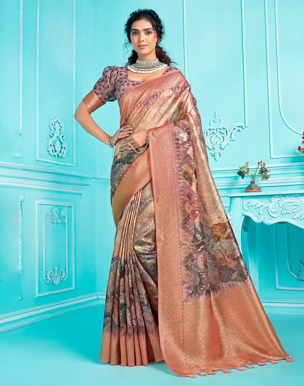 Image of Elegant Organza with digital Floral print Saree
