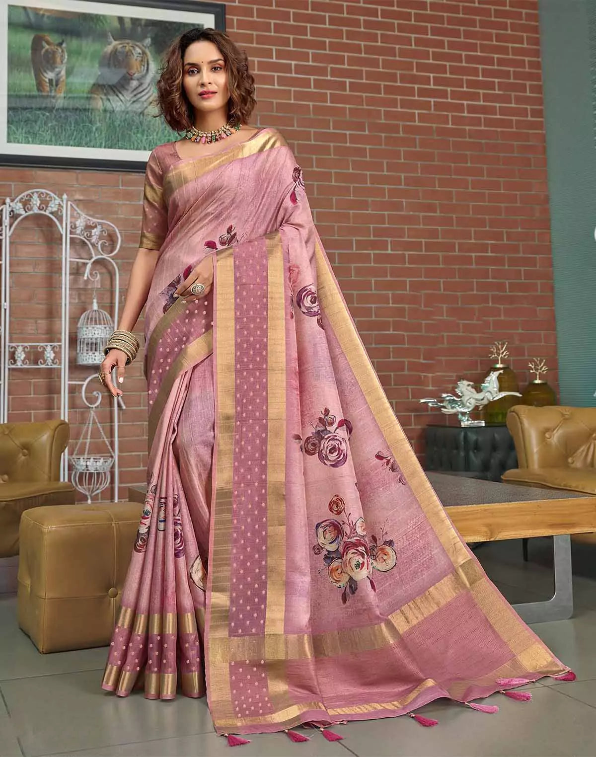 Image of Light Pink Digital Print Jute Silk Fancy Saree