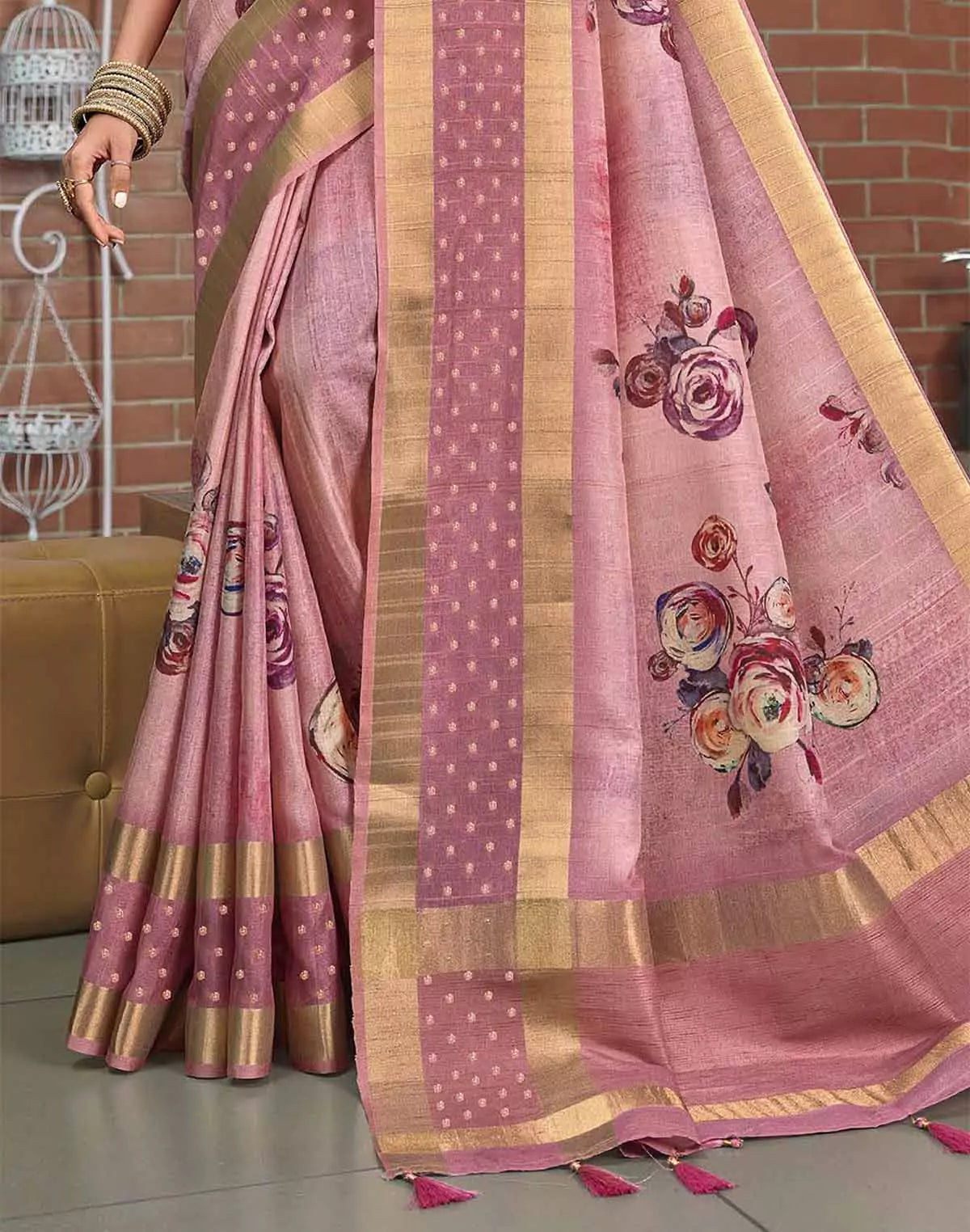Image of Light Pink Digital Print Jute Silk Fancy Saree