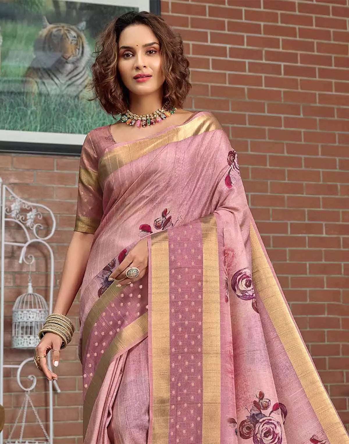 Image of Light Pink Digital Print Jute Silk Fancy Saree