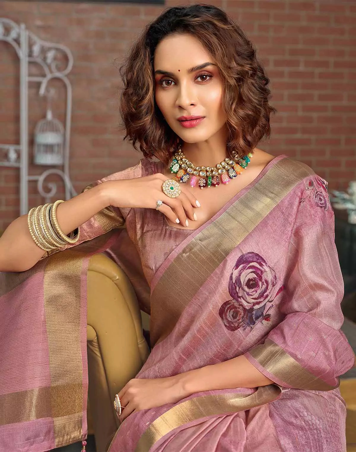 Image of Light Pink Digital Print Jute Silk Fancy Saree