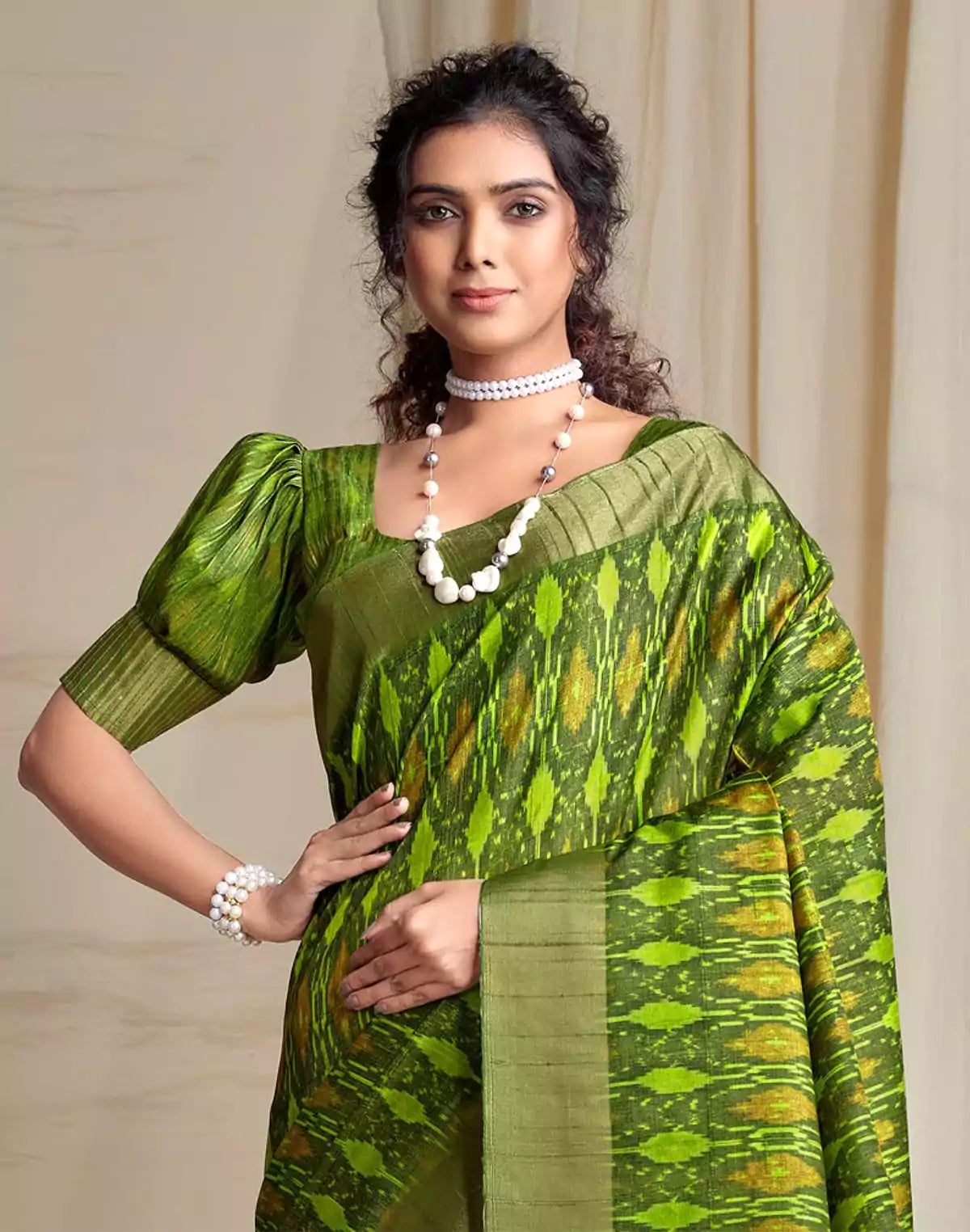 Image of Parrot Green Ikat Style Tussar Silk Saree