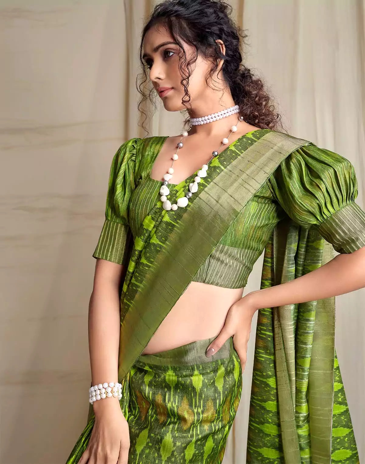 Image of Parrot Green Ikat Style Tussar Silk Saree