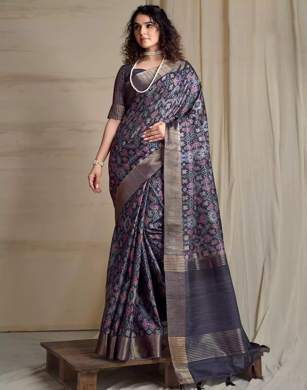 Image of Emerald Blue Ikat Print Handloom Tussar Silk Saree