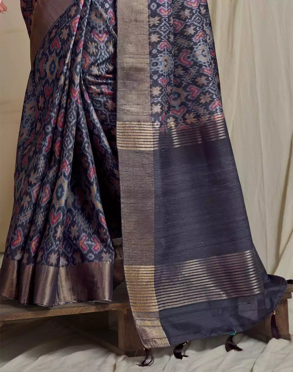 Image of Emerald Blue Ikat Print Handloom Tussar Silk Saree
