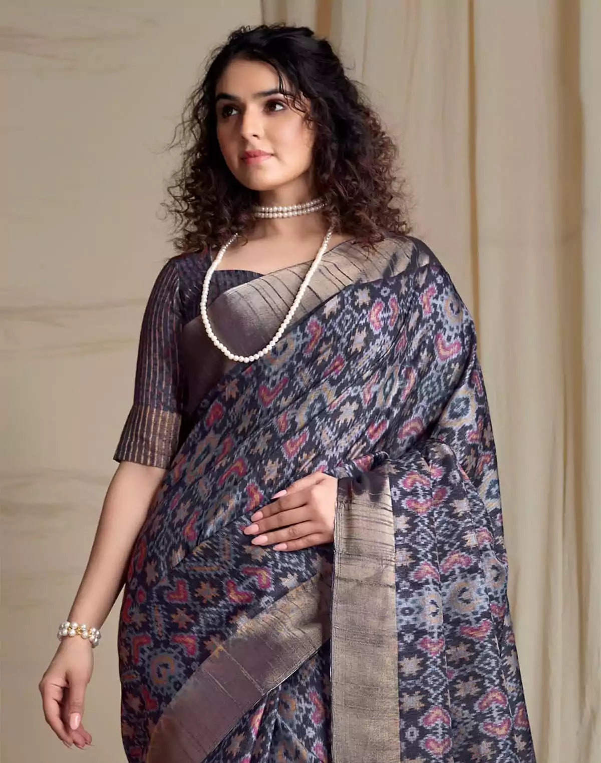 Image of Emerald Blue Ikat Print Handloom Tussar Silk Saree