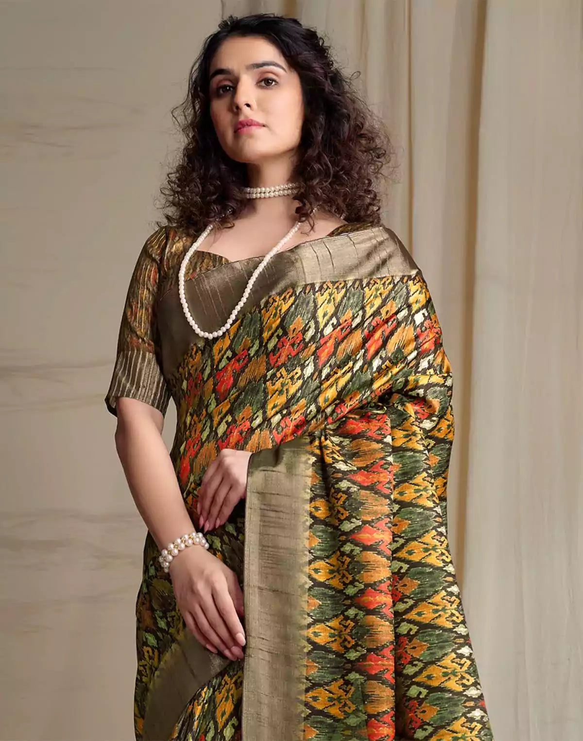 Image of Mustard Ikat Printed Handloom Tussar Silk Saree