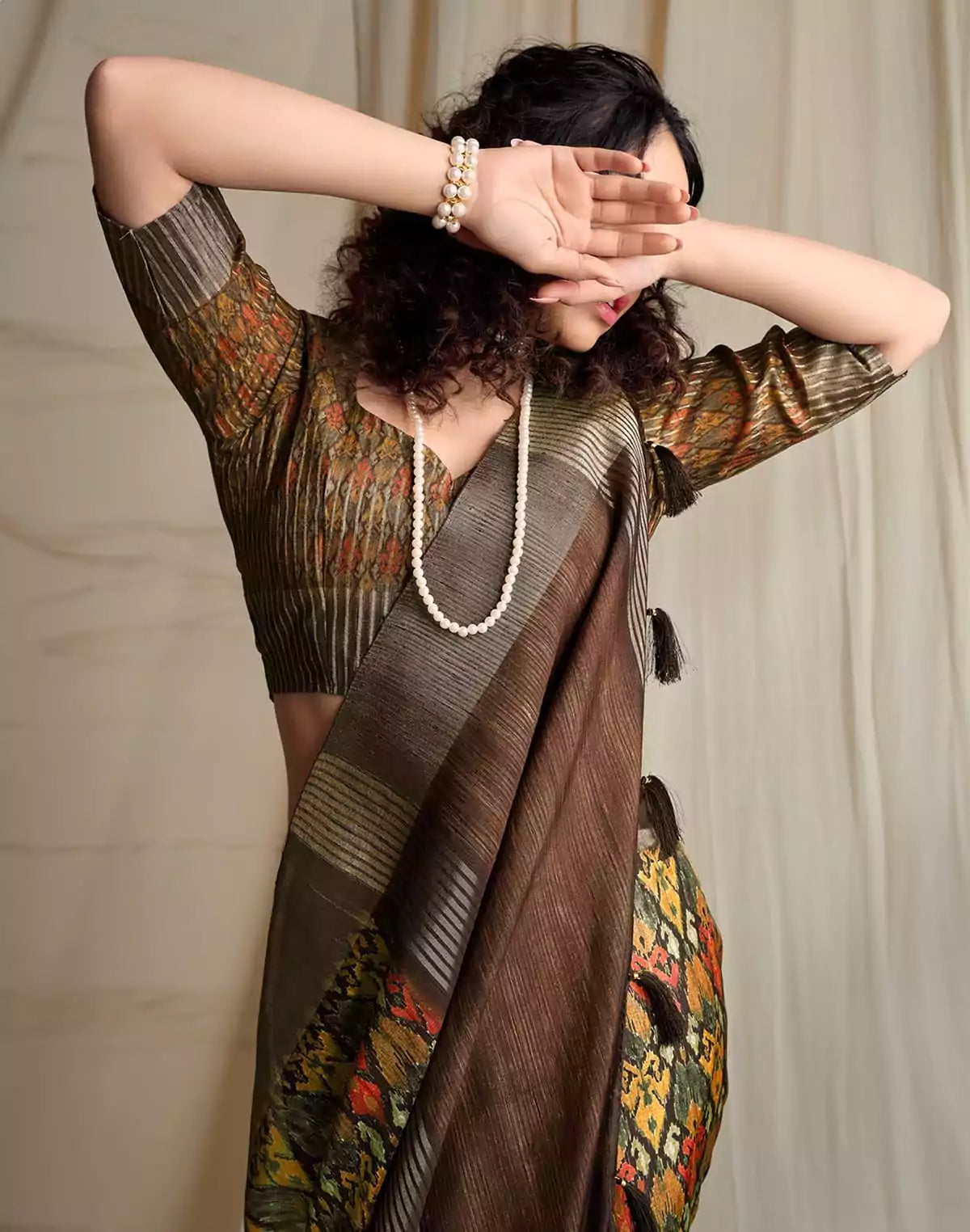 Image of Mustard Ikat Printed Handloom Tussar Silk Saree