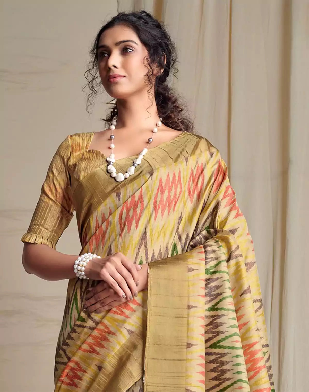 Image of Beige Handloom Ikat Print Tussar Silk Saree