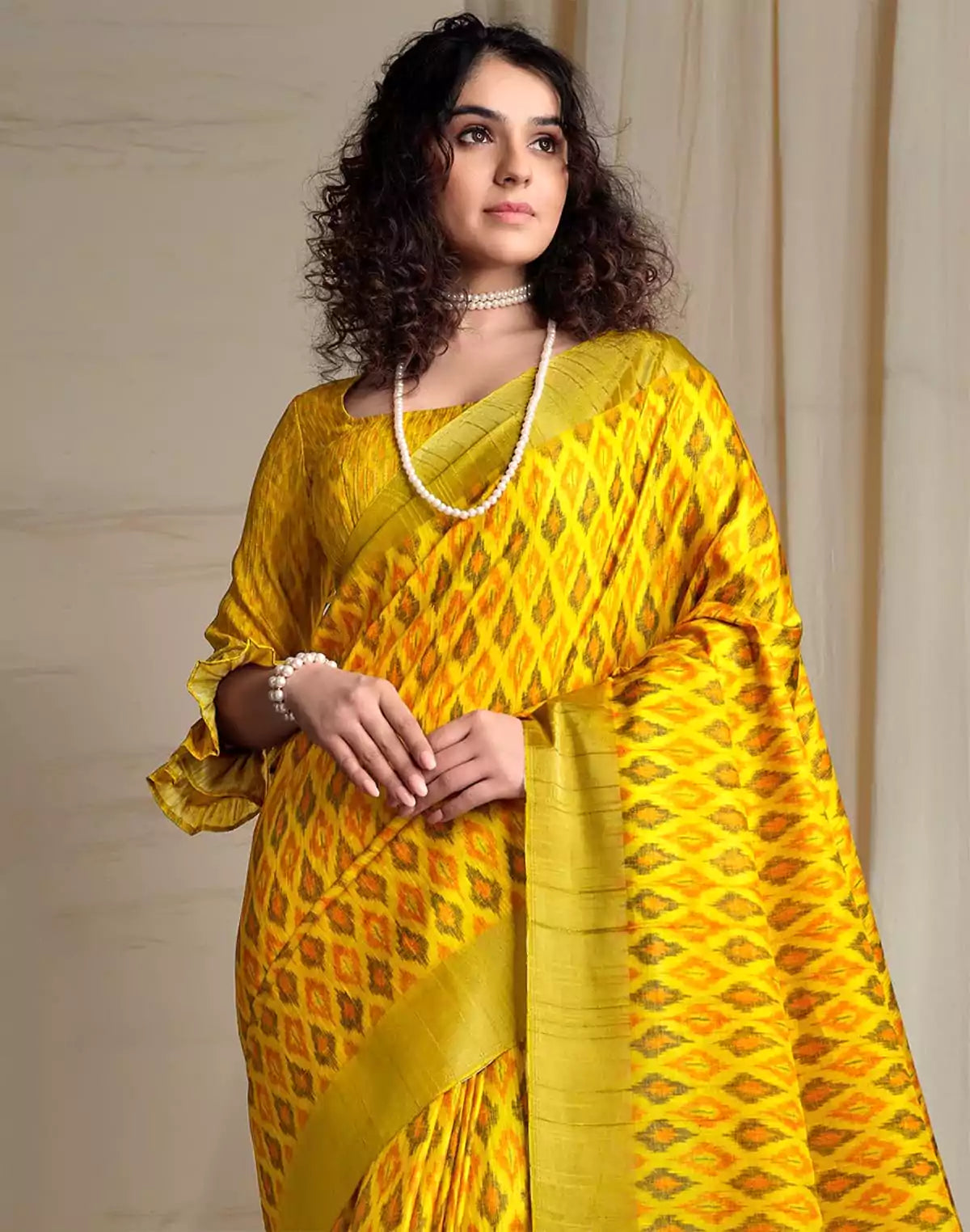 Image of Yellow Tussar Silk Ikat Printed Saree