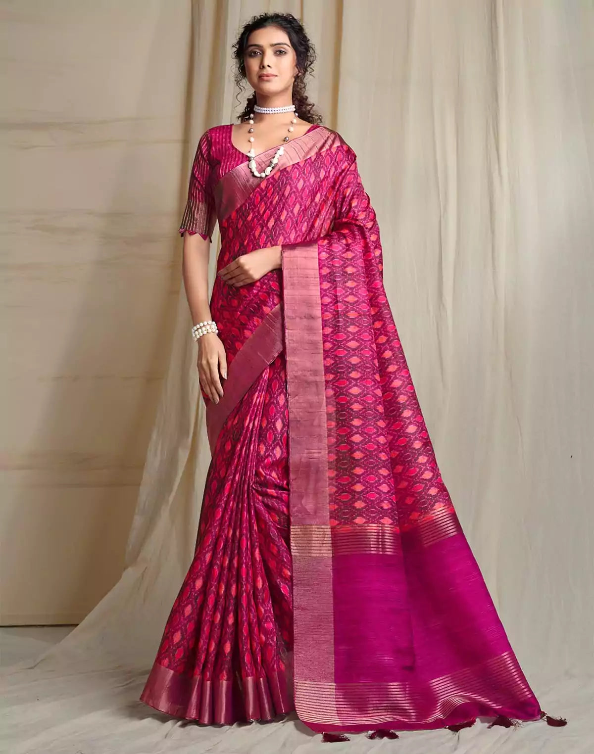 Image of Magenta Handloom Tussar Silk with Ikat Print Saree