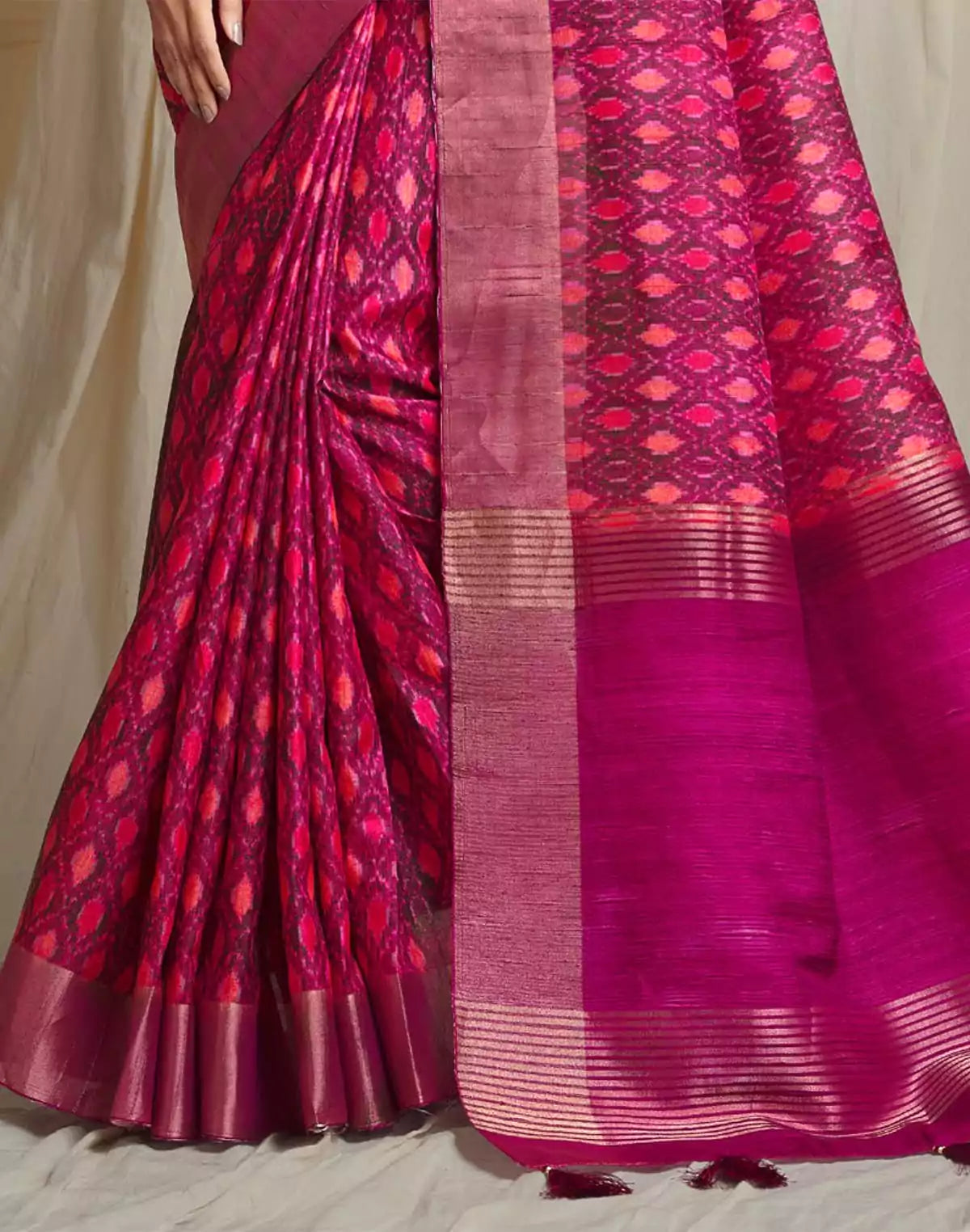 Image of Magenta Handloom Tussar Silk with Ikat Print Saree