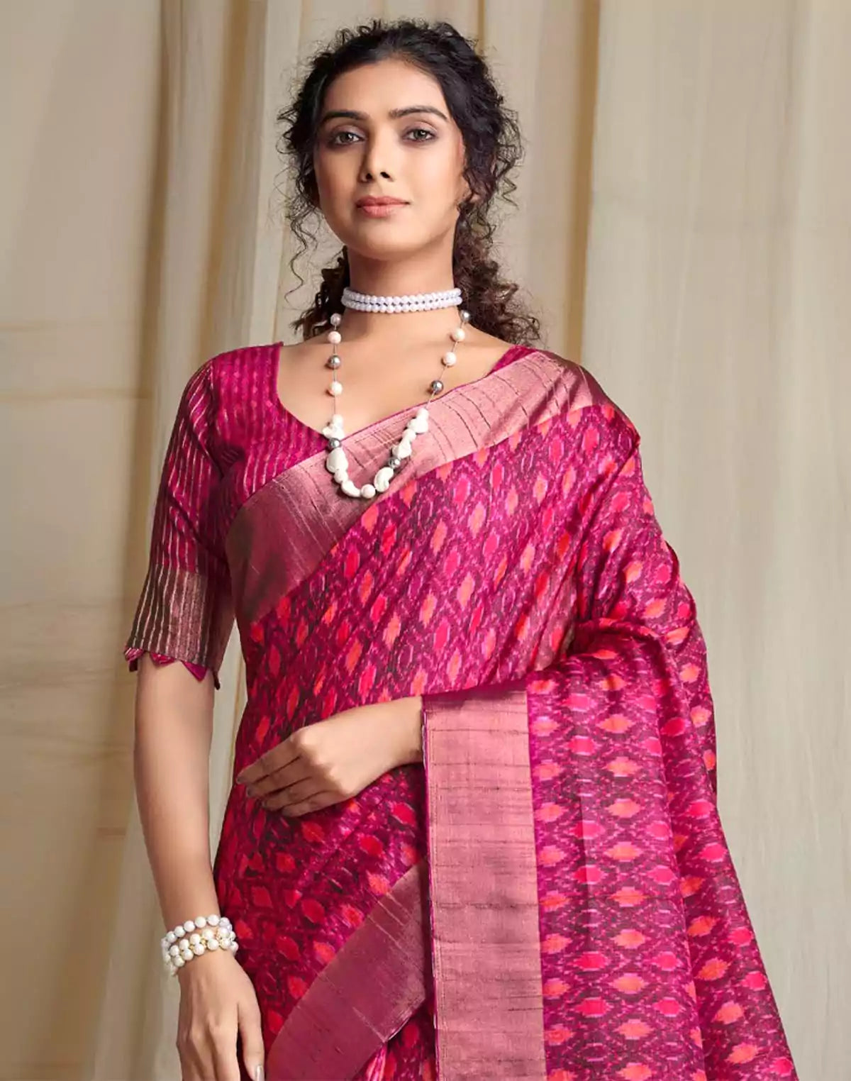 Image of Magenta Handloom Tussar Silk with Ikat Print Saree