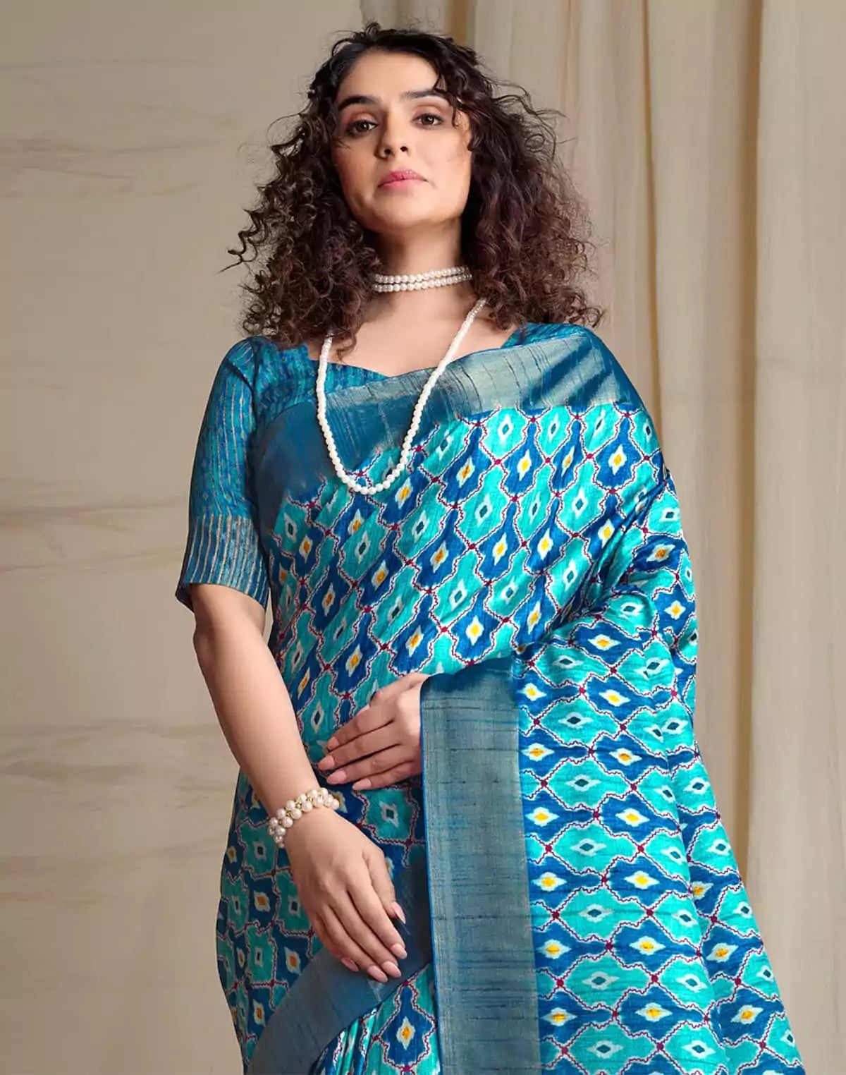 Image of Sky Blue Coloured Ikat Printed Tussar Silk Saree