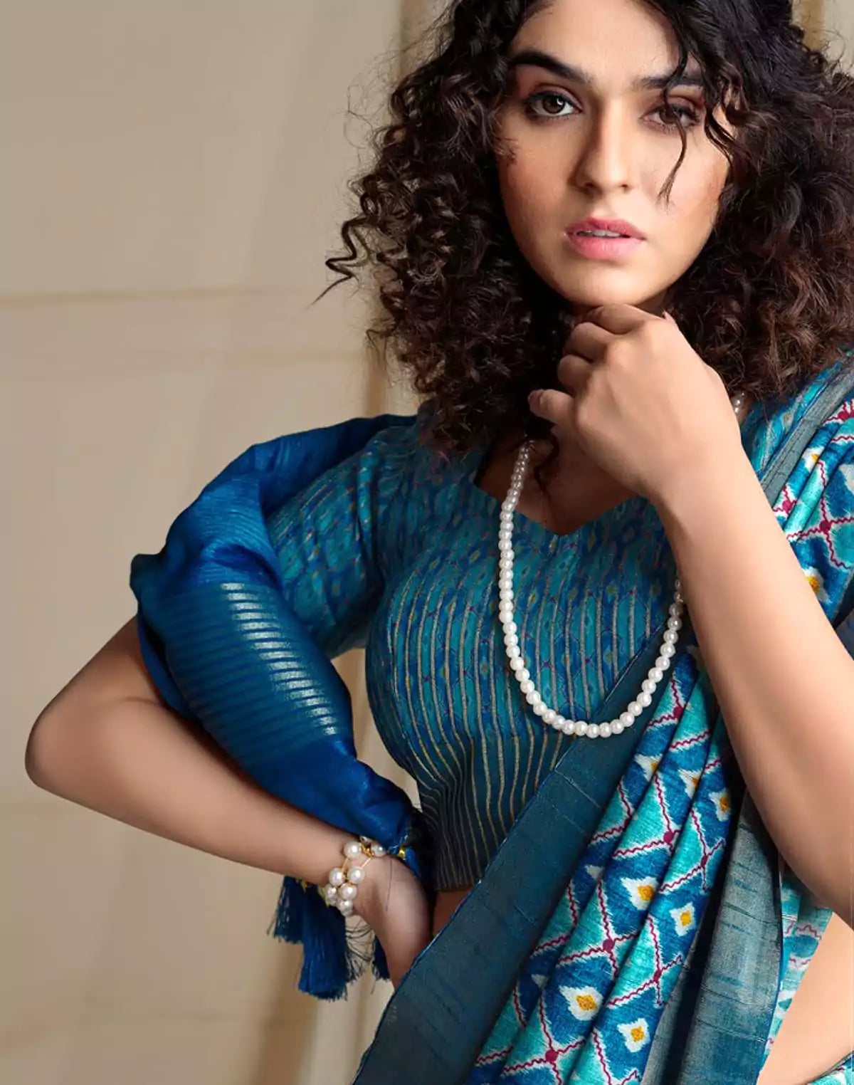 Image of Sky Blue Coloured Ikat Printed Tussar Silk Saree