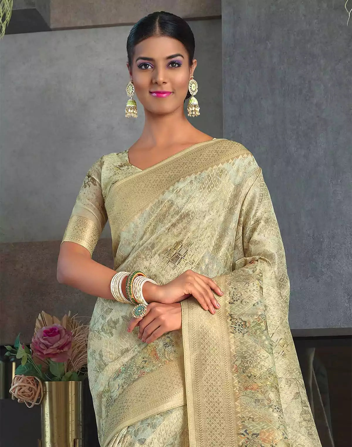 Image of Elegant Light Pista Green Floral Jute Saree