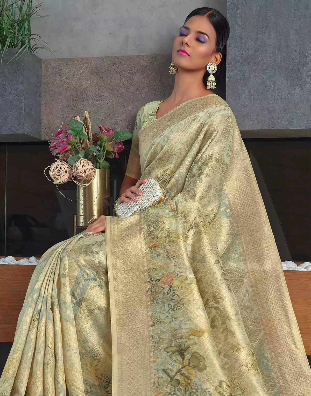 Image of Elegant Light Pista Green Floral Jute Saree