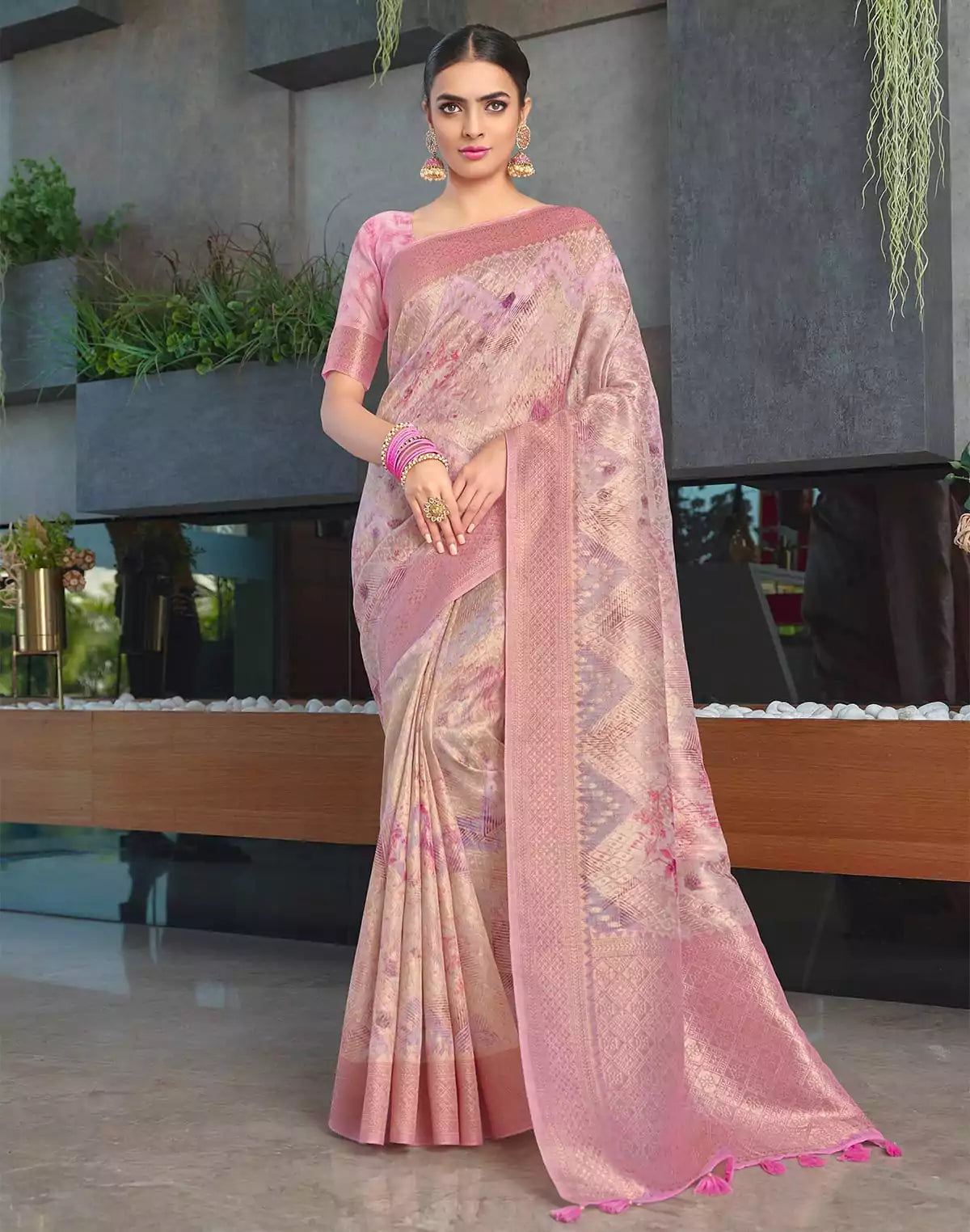 Image of Pink Coloured Floral Jute Saree