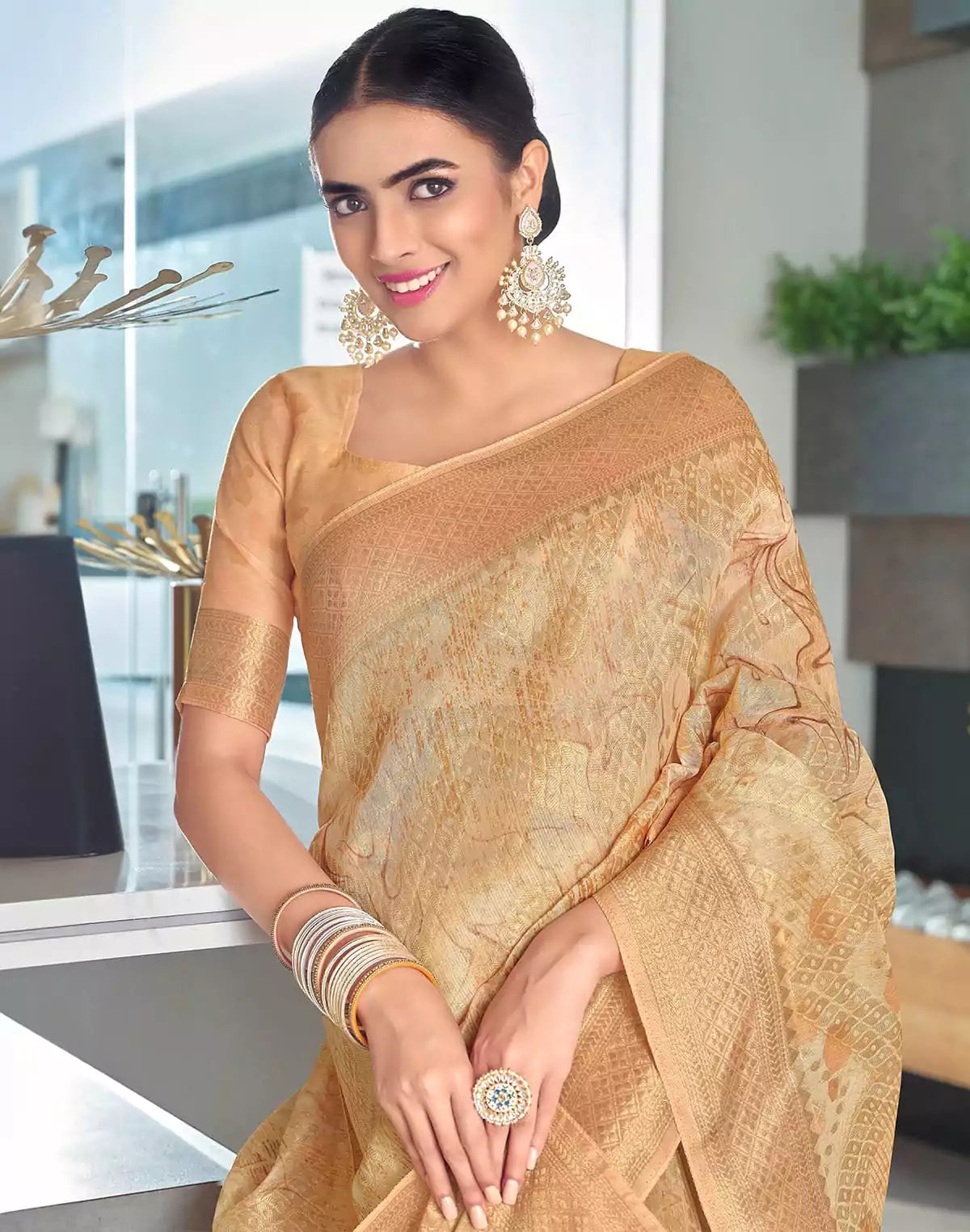Image of Elegant of Latest Gold Coloured Jute saree