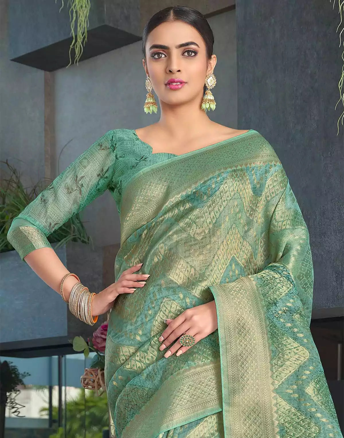 Image of Emerald Light Green Colour with Zari weaving Jute Saree