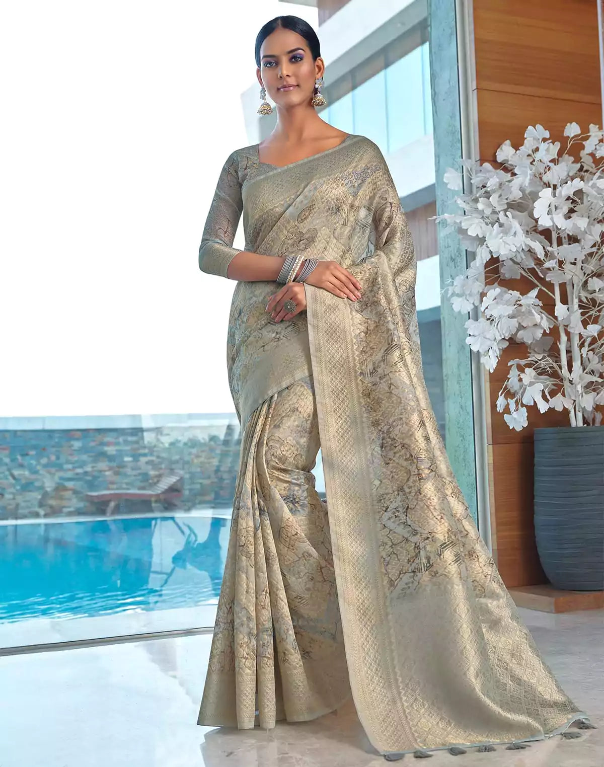 Image of Grey Colour Soft Jute Saree