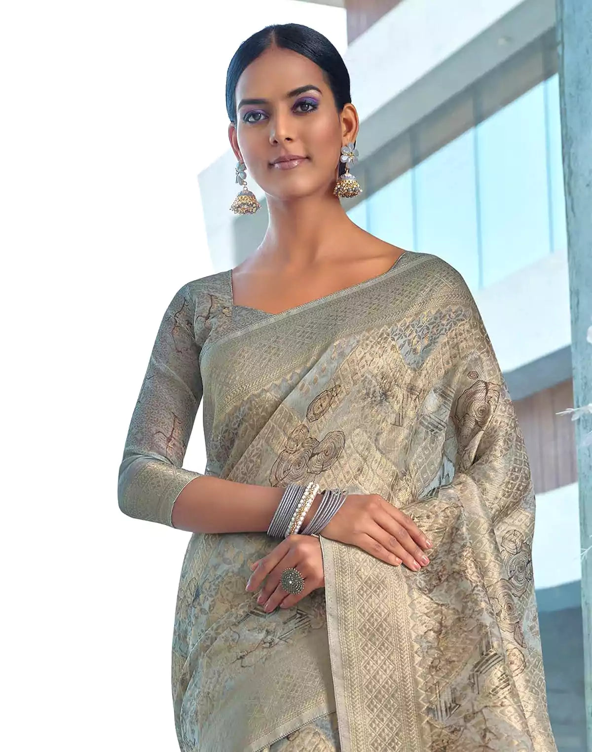 Image of Grey Colour Soft Jute Saree