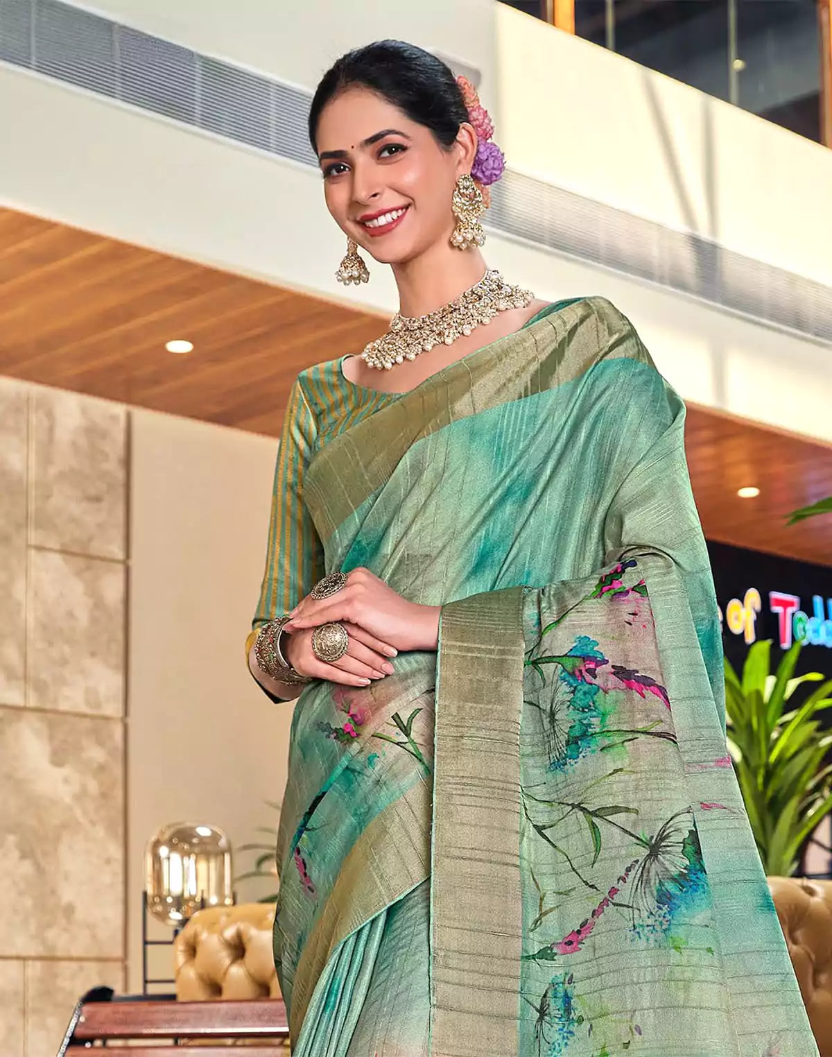 Image of Light Sea Green Botanical Print Bagalpuri Silk Saree