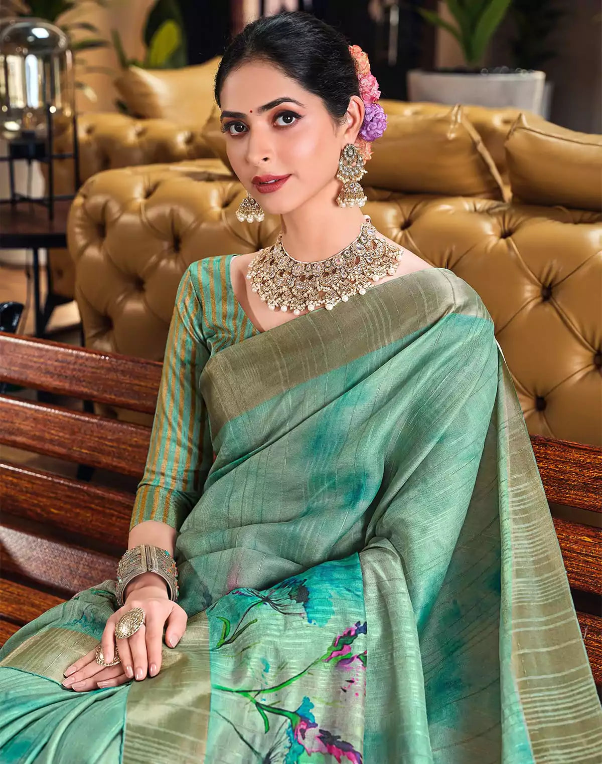 Image of Light Sea Green Botanical Print Bagalpuri Silk Saree