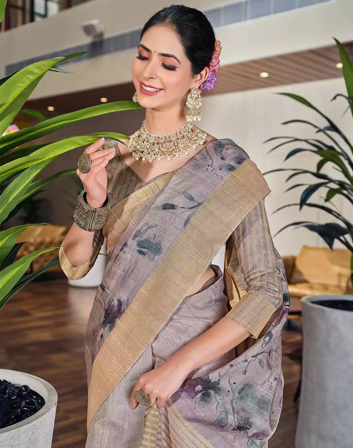 Image of Grey Graphic Print Bagalpuri fabric Saree