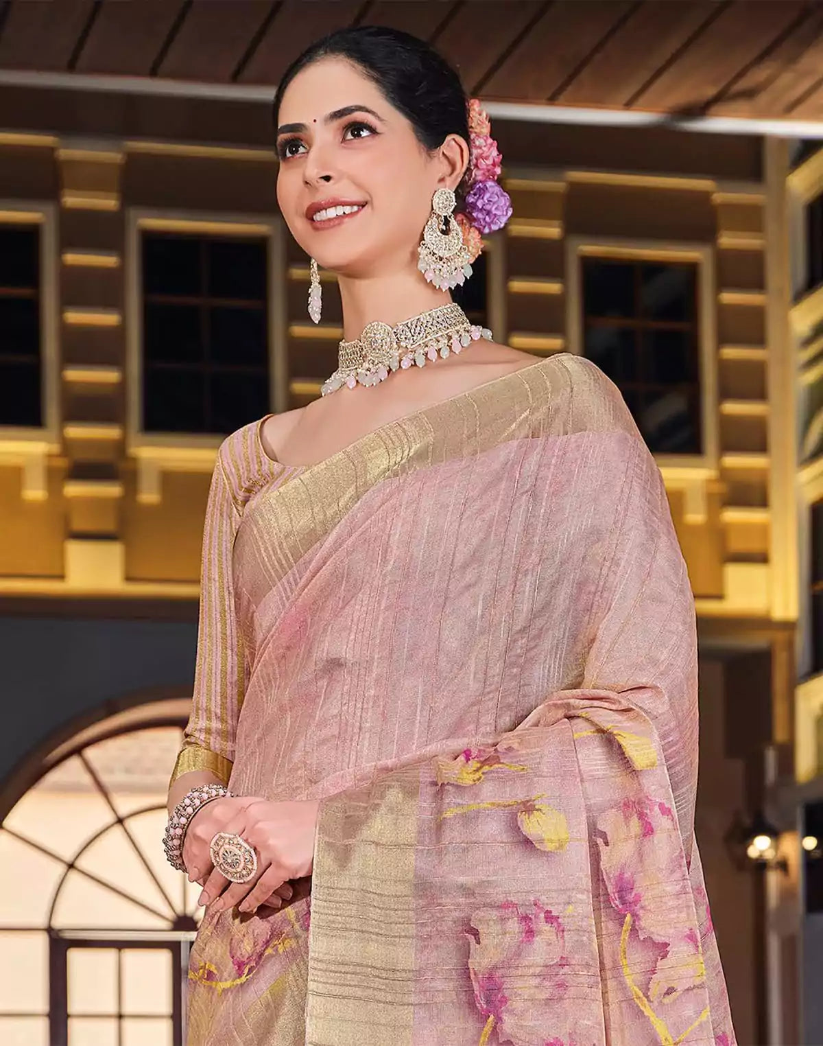 Image of Light Pink Bagalpuri golden pallu Saree