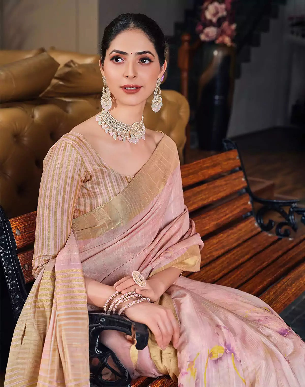 Image of Light Pink Bagalpuri golden pallu Saree