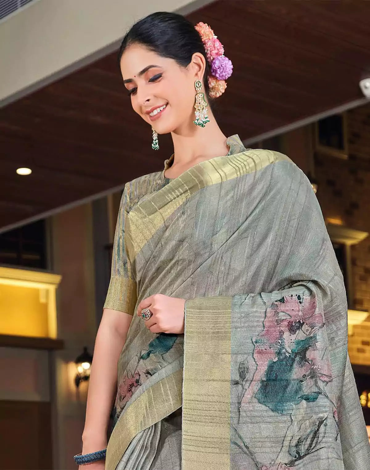 Image of Grey all over digital prit Bagalpuri Silk Saree