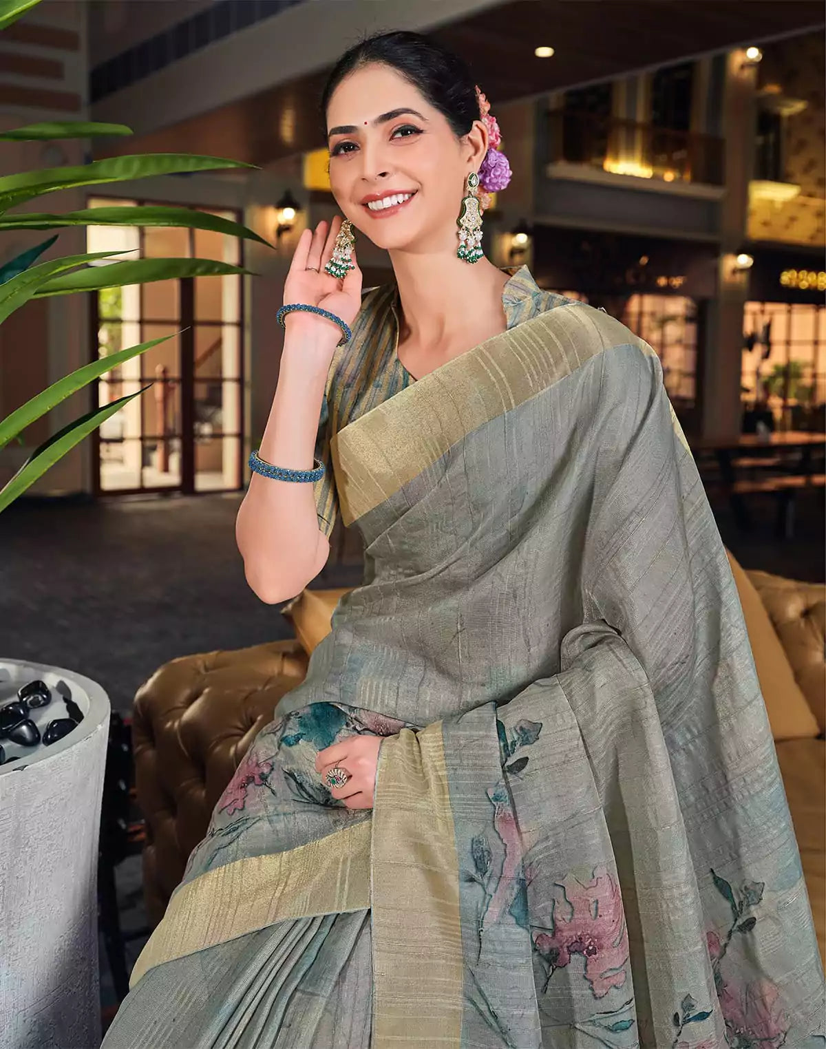 Image of Grey all over digital prit Bagalpuri Silk Saree