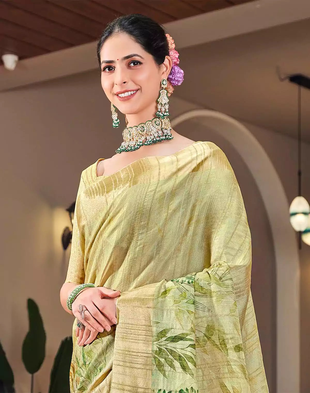 Image of Light Pista golden border Bagalpuri Saree