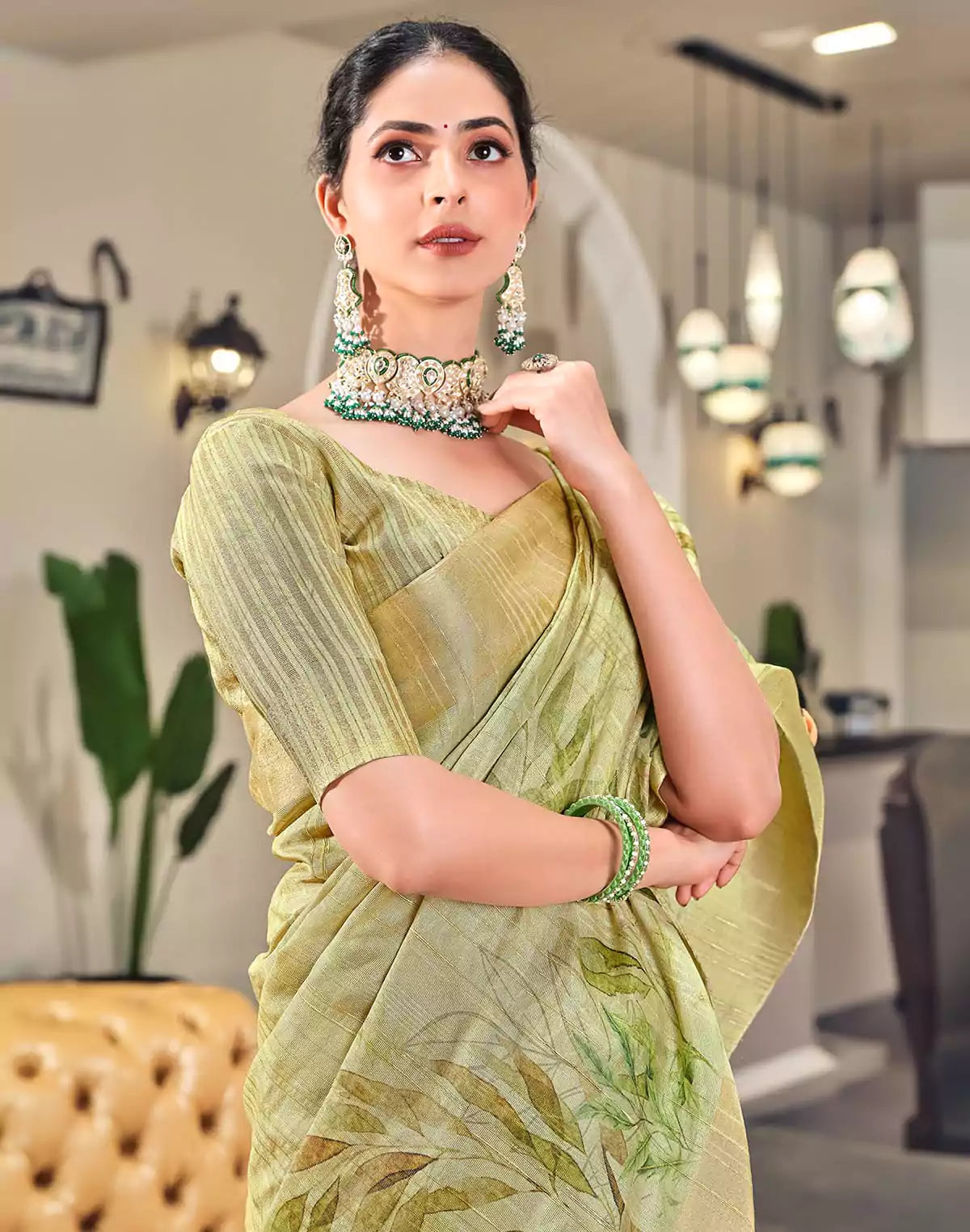 Image of Light Pista golden border Bagalpuri Saree
