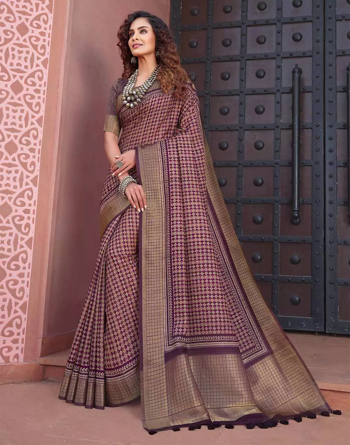 Image of Wine Coloured Jute Silk Fancy Saree