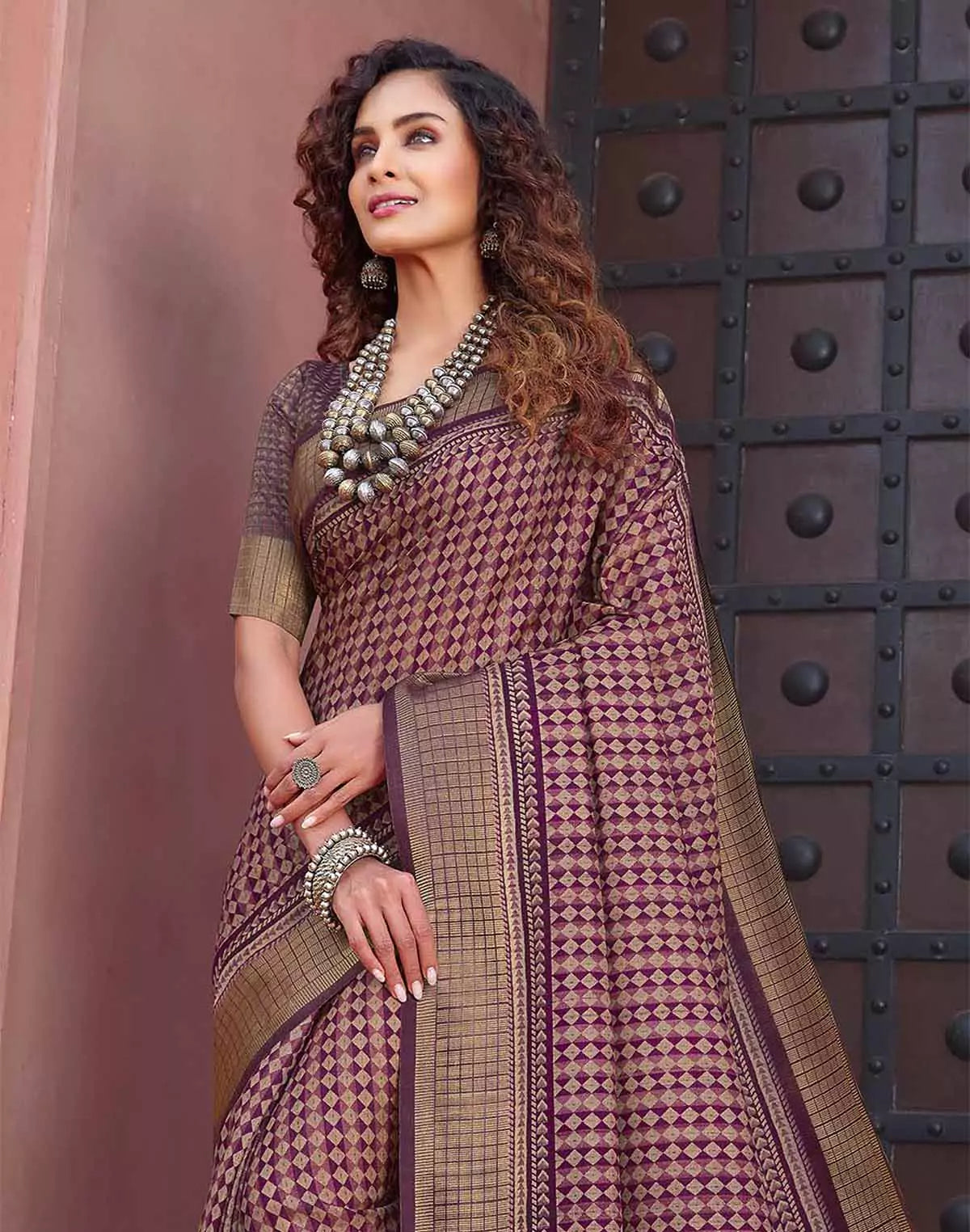 Image of Wine Coloured Jute Silk Fancy Saree