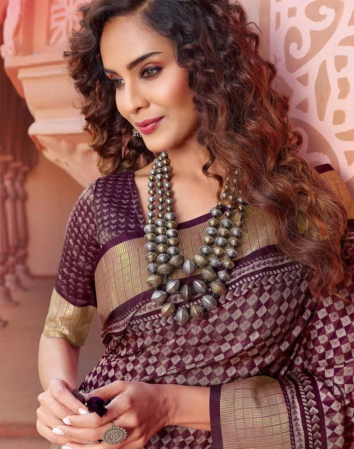 Image of Wine Coloured Jute Silk Fancy Saree