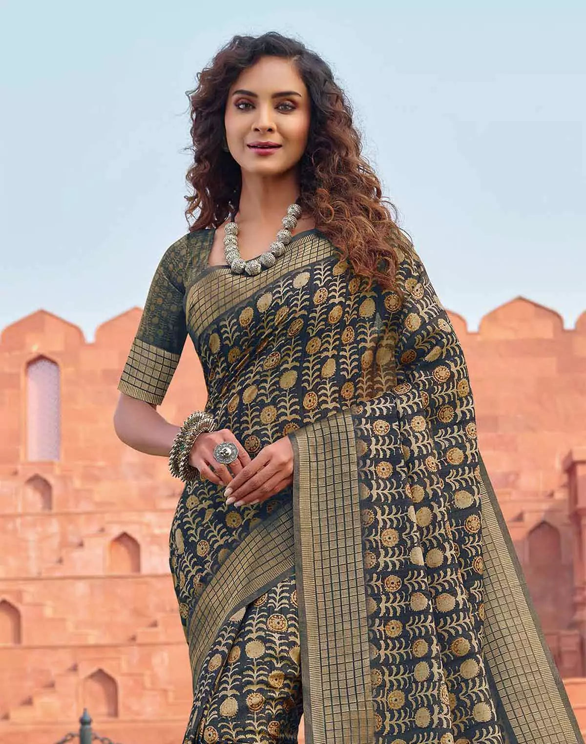 Image of Dark Green all over Botanical print Jute Silk Saree