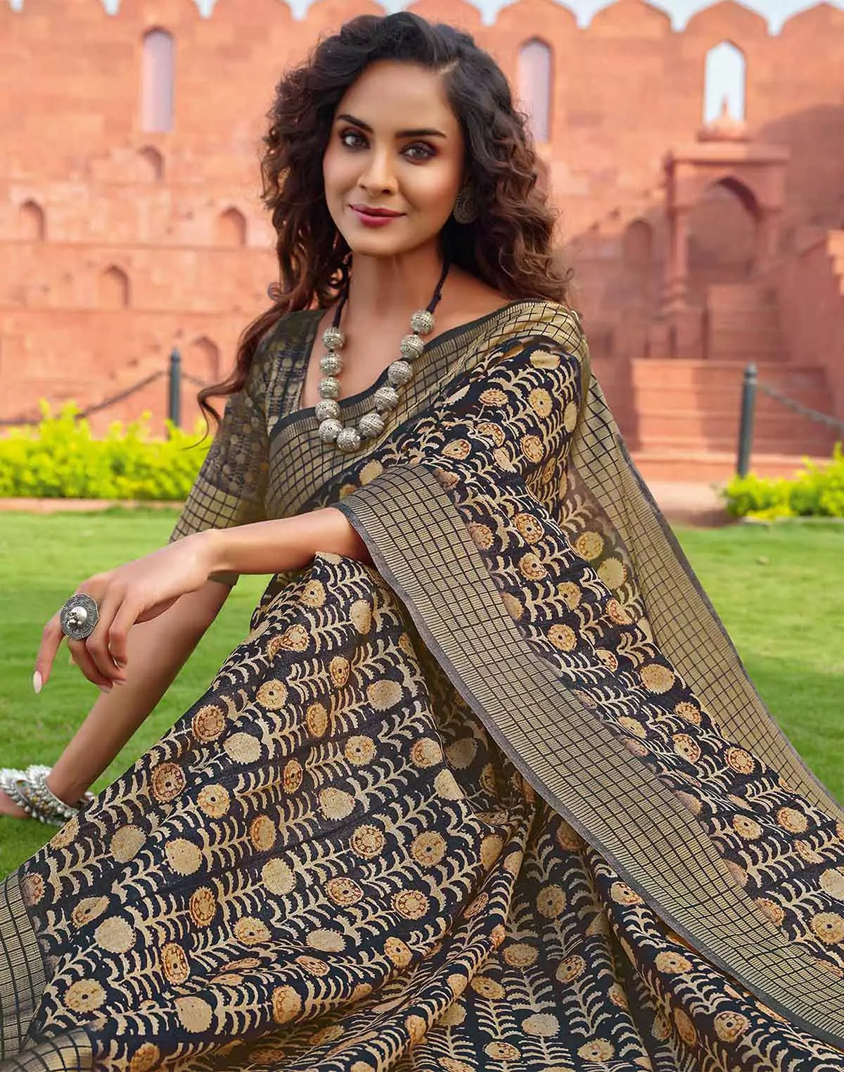 Image of Dark Green all over Botanical print Jute Silk Saree