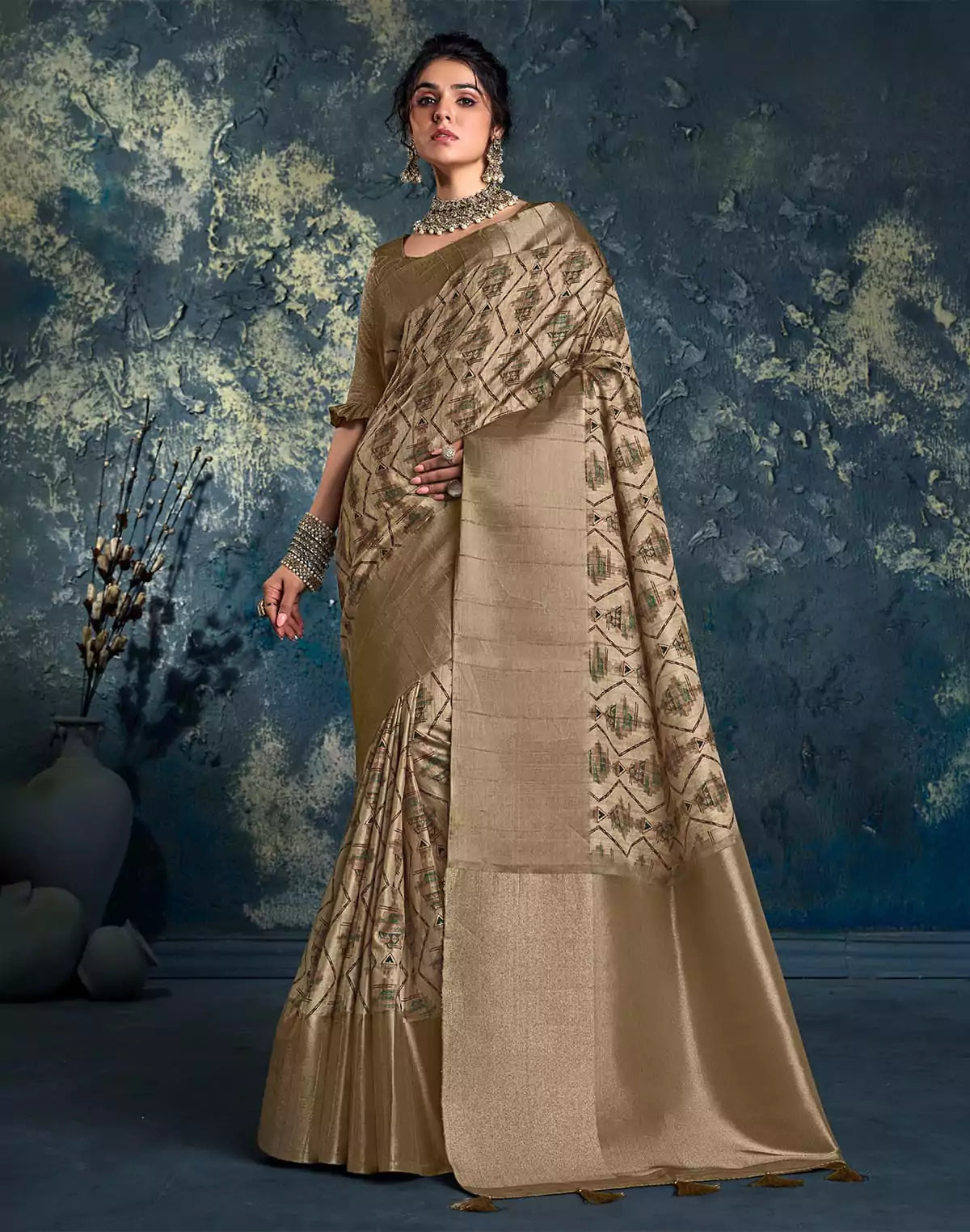 Image of Brown Geometric Print Jute Fancy Saree