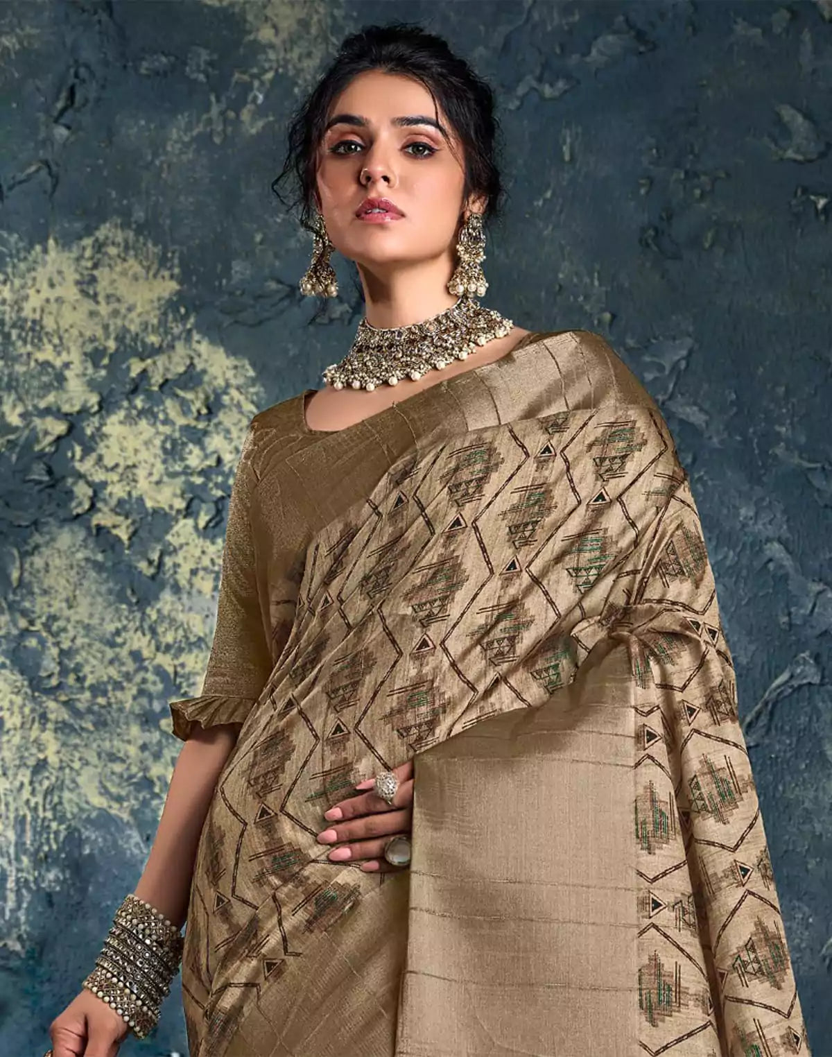 Image of Brown Geometric Print Jute Fancy Saree