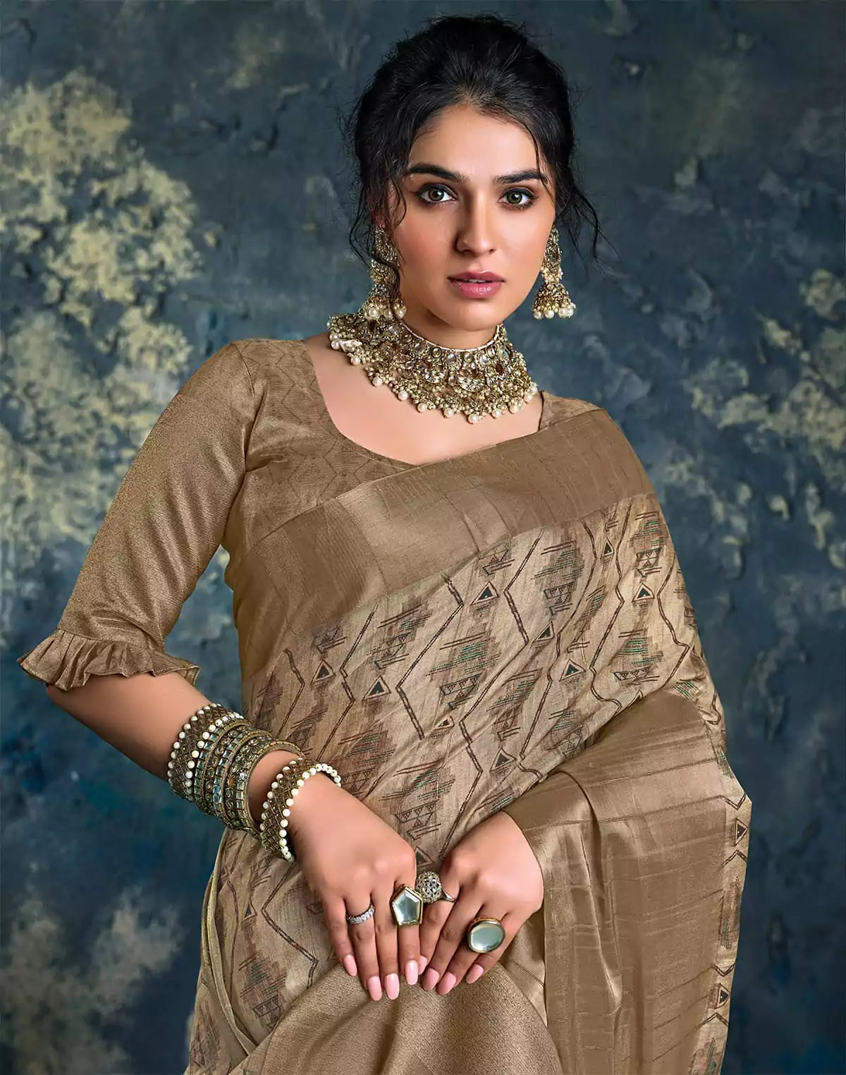 Image of Brown Geometric Print Jute Fancy Saree