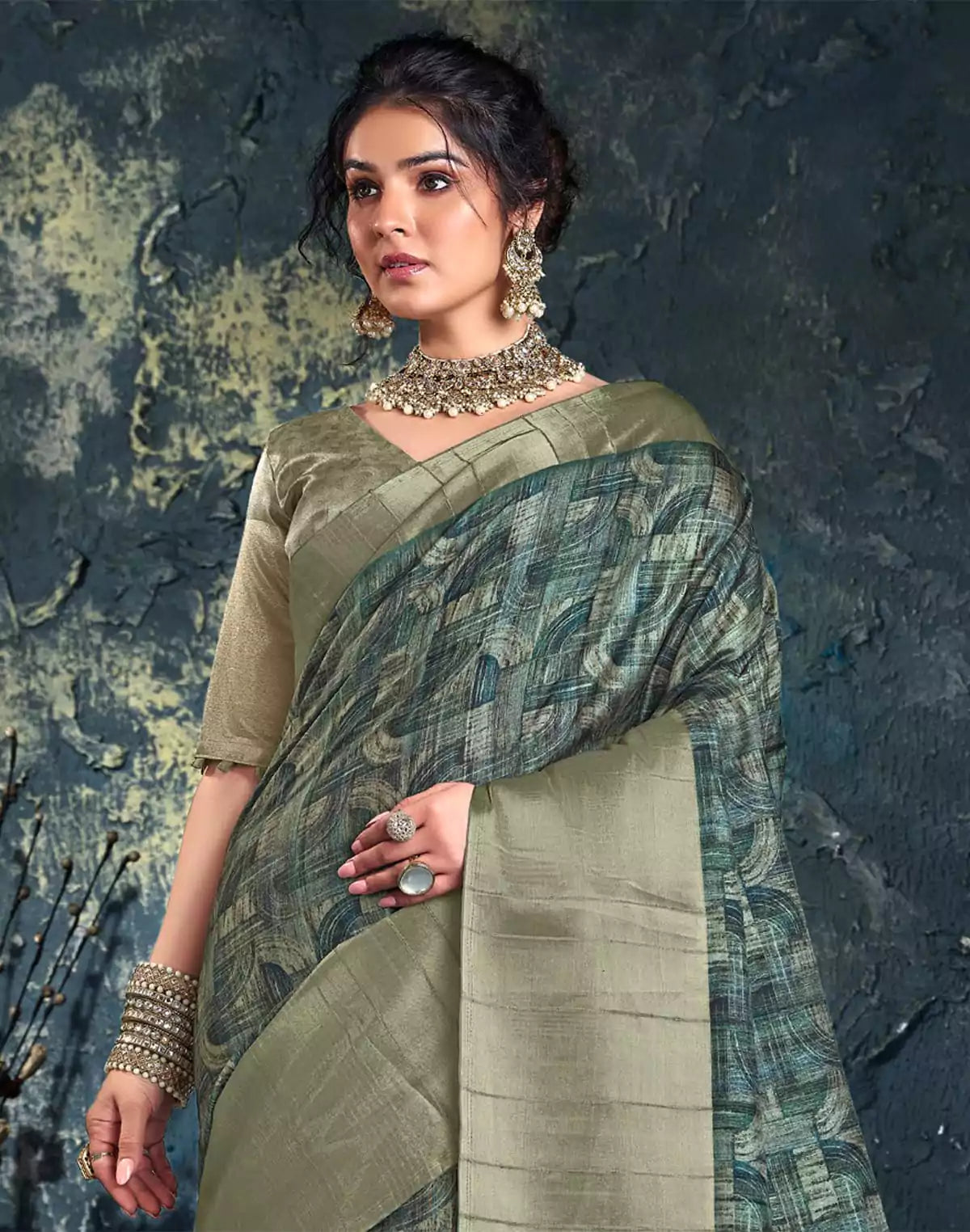 Image of Graphic Print Green light weight Jute Saree