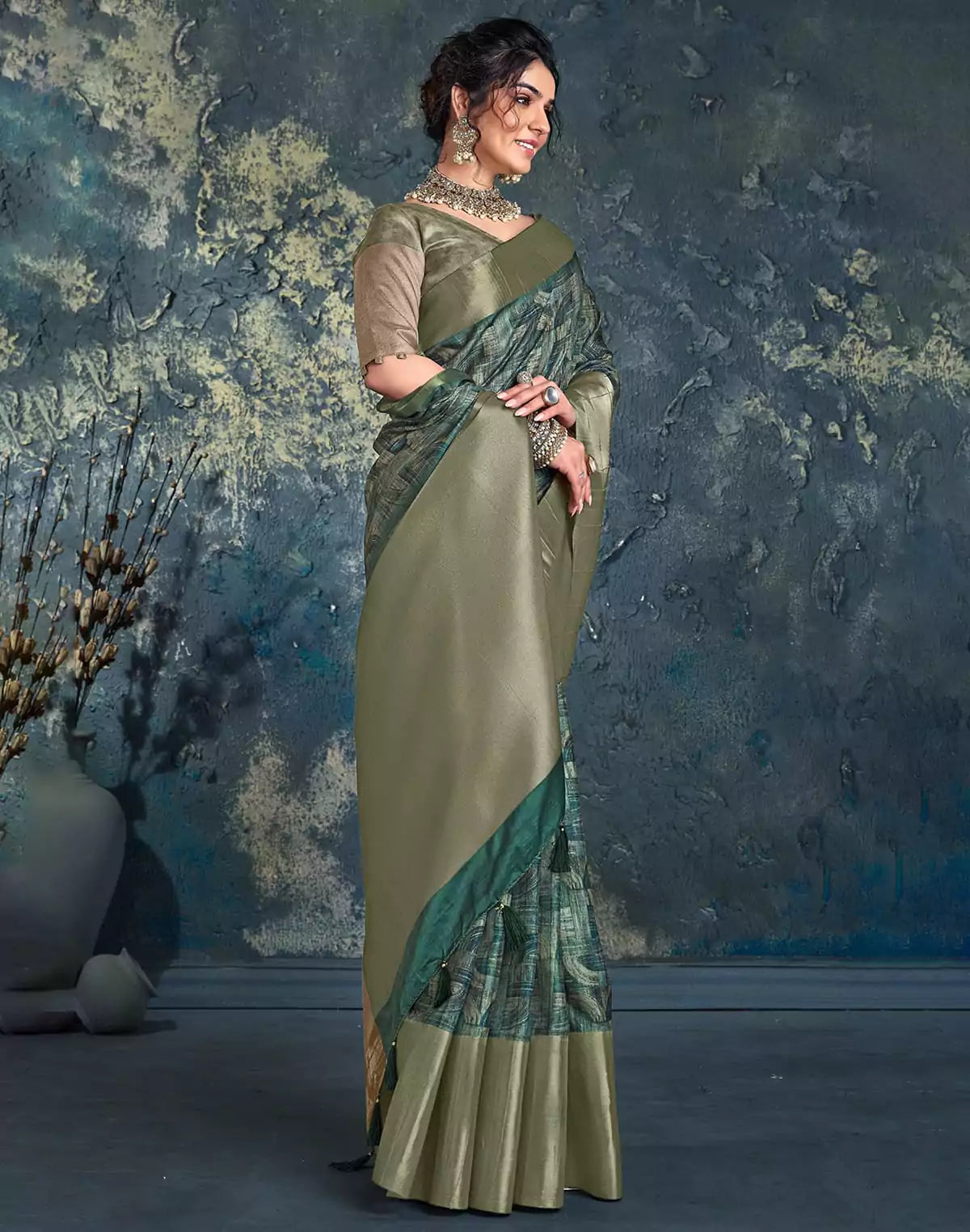 Image of Graphic Print Green light weight Jute Saree