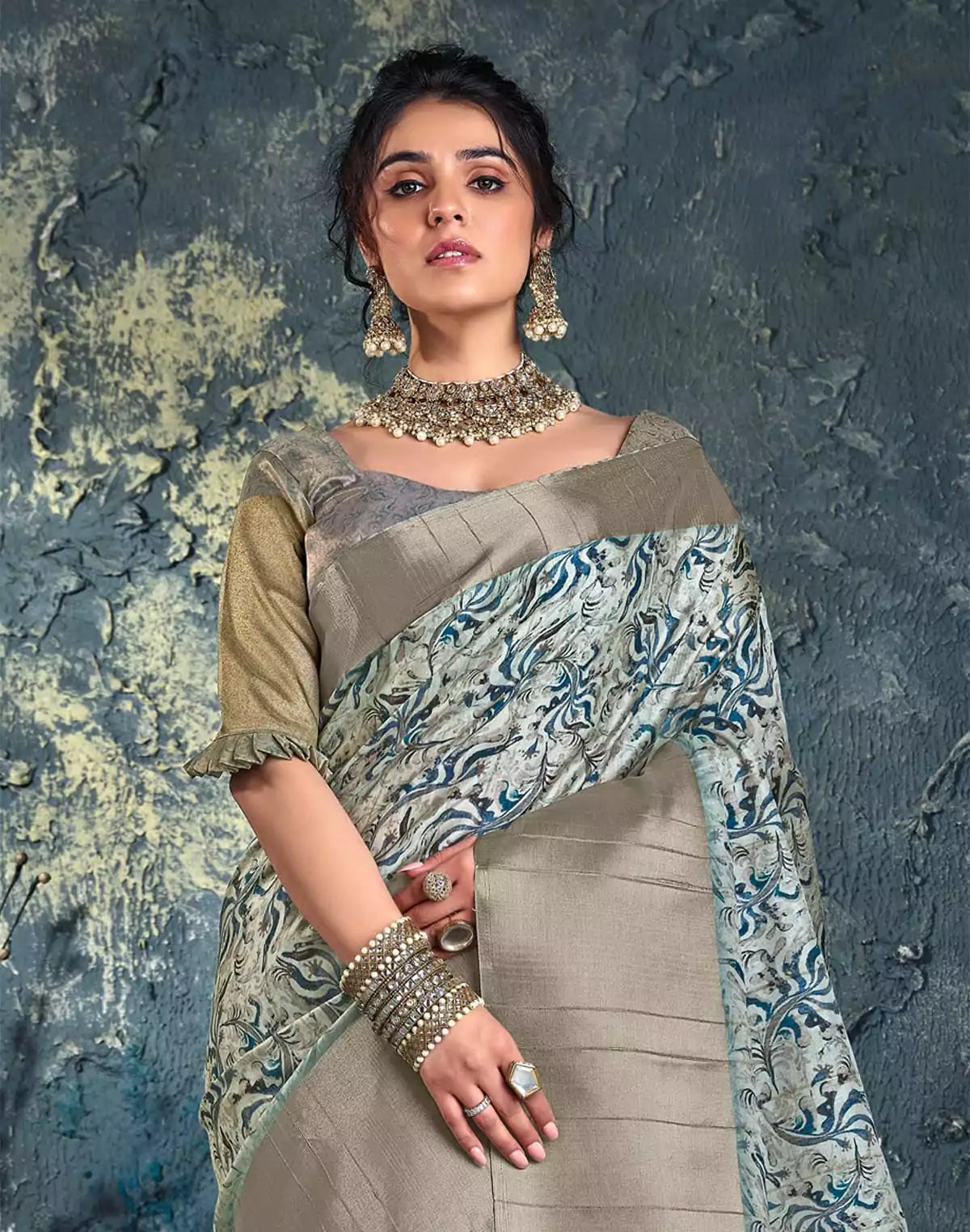 Image of Cream Floral Print Jute Saree with Contrast Border