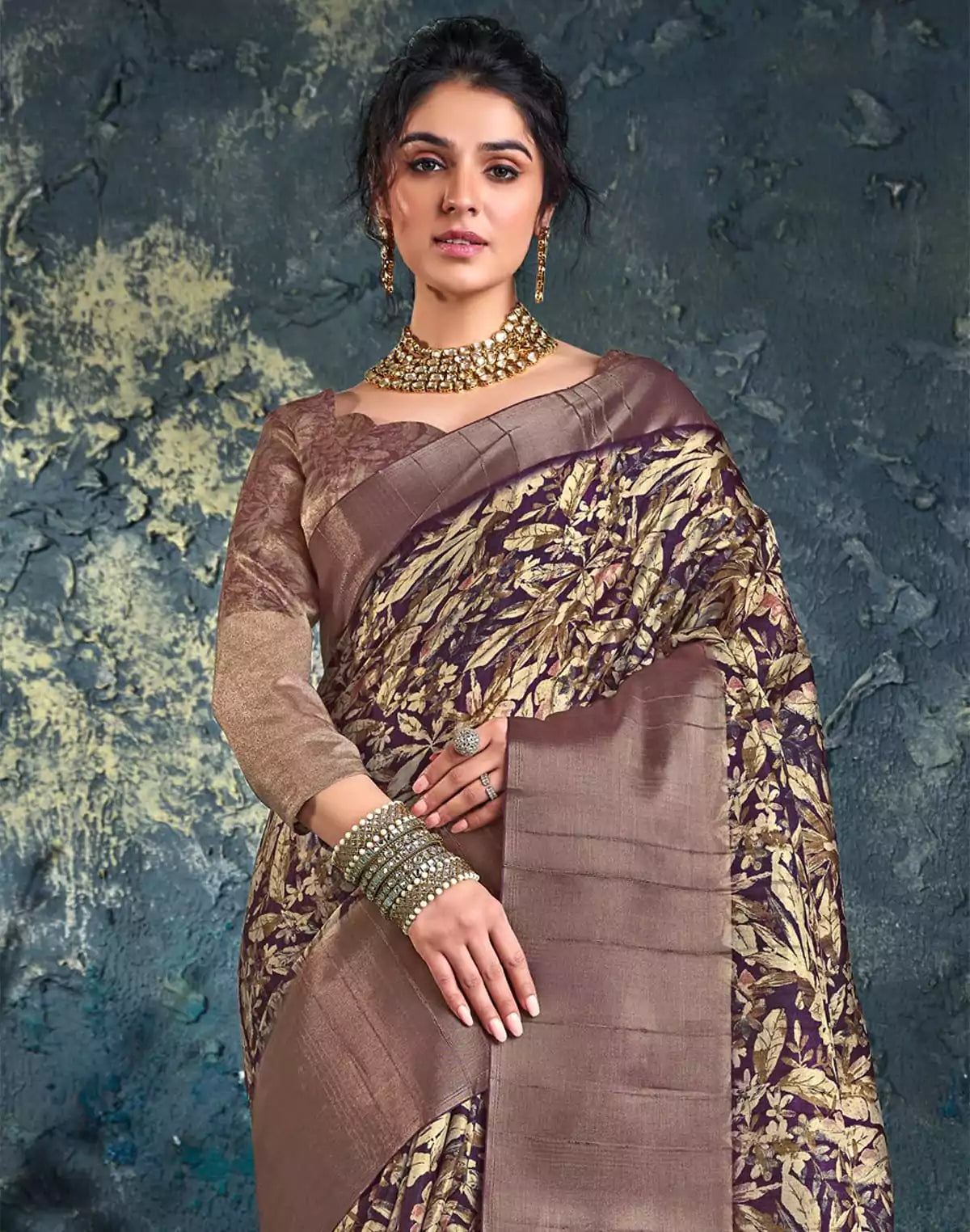 Image of Voilet Floral Print Jute Fancy Saree